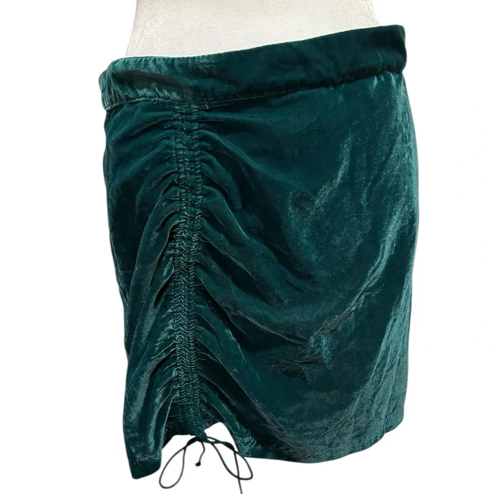 Free People Vivienne velvet mini skirt with ruched drawstring detail in green